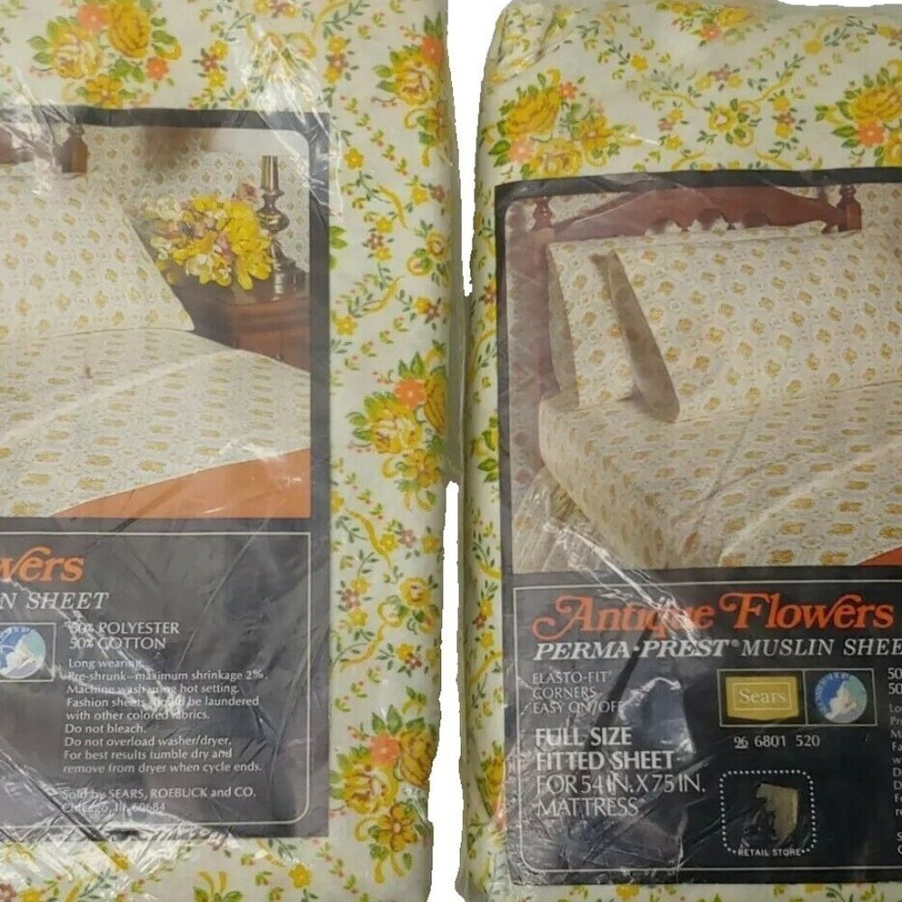 Sears Antique Flowers Sheet Set Full Flat Fitted Perma Prest Muslin Vintage NOS